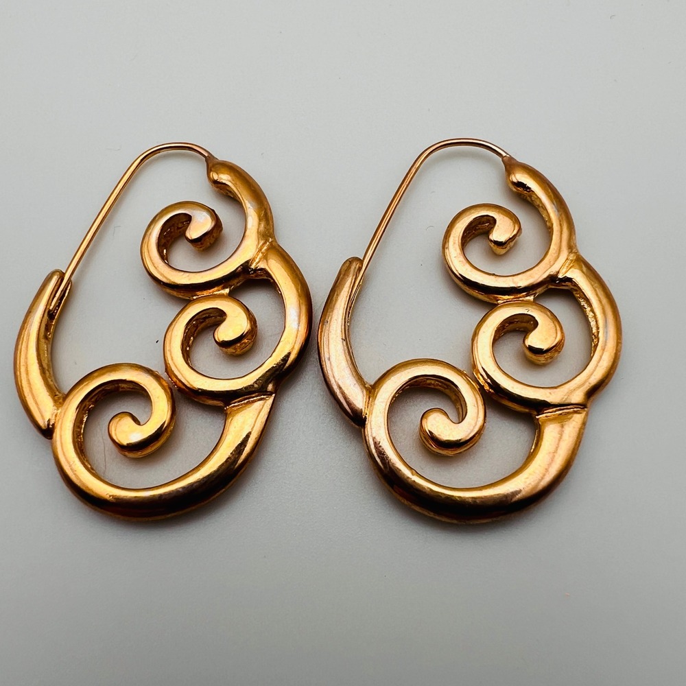 Scroll Filigree Hoop Drop Earrings Boho Tribal Swirl Design Pierced Gold Tone